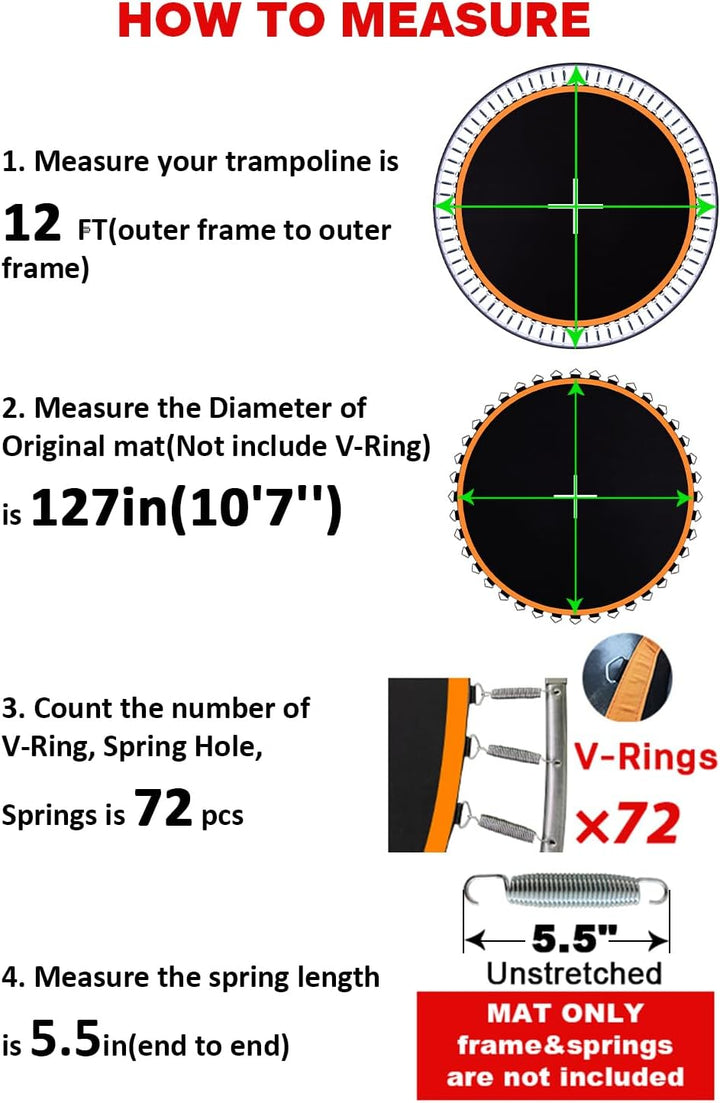 Trampoline Mat, Fits 12 Ft Frame, with 72 V-Rings Fits 5.5 Inch, Trampoline Replacement Mat (Mat Dia:127In), Reinforce, Uv-Resistant, with Spring Hook and Gloves