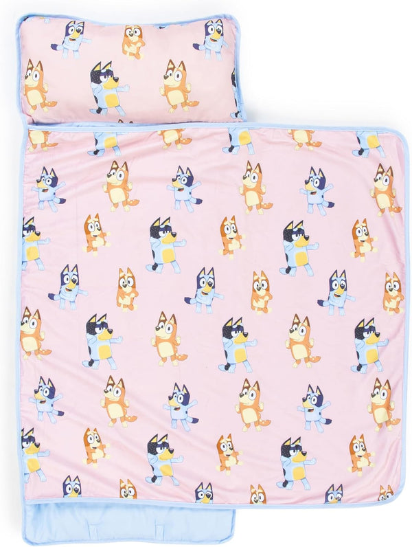 Toddler Nap Mat with Built-In Pillow and Blanket - Soft 46 X 20-Inch Microfiber Kids Sleeping Bag for School or Sleepover, Pink - Bluey & Bingo
