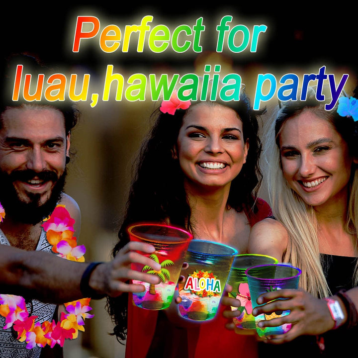 24 Pcs Glow Hawaiian Luau Party Cups, Flashing Tiki Party Cups, Tropical Luau Party Decorations Hawaiian Party Supplies Favor (16Oz)