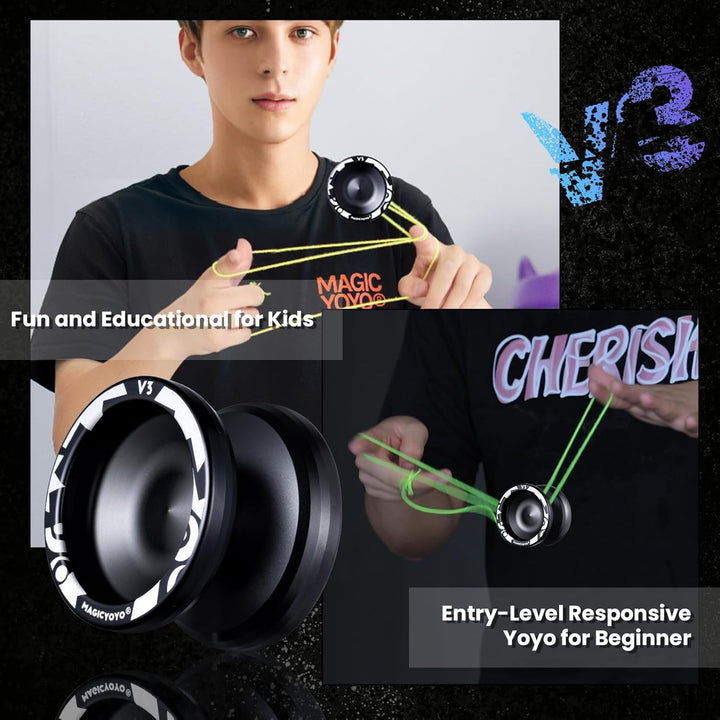 V3 Yoyo for Kids 8-12 or Above, Responsive Yoyo Professional with Dual Function, Professional Trick Yo Yo for Adults with 12 Yo-Yo Strings, KK Bearing, Bearing Puller, Axle,Case Bag -Black