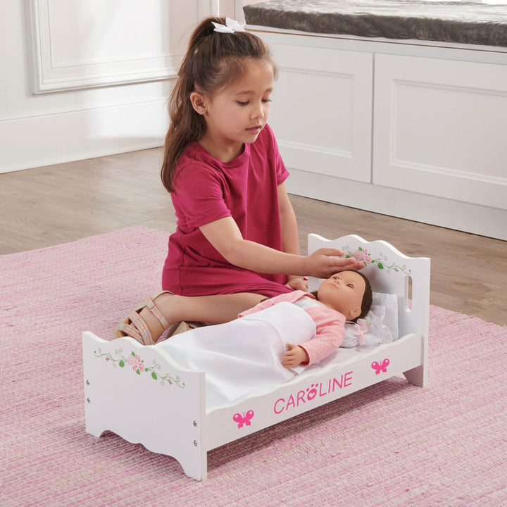 Wooden Doll Bed with Blanket and Pillow with Free Personalization Kit - Fits 18" to 20" Dolls - Ideal for Baby Dolls and Pretend Play Fun - White and Pink Rose Design