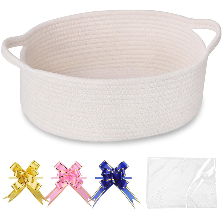 Small Woven Basket with Gift Bags and Ribbons, Gift Basket Empty, Cotton Rope Storage Organizer, Baby Toy Box with Handles, 12" X 8" X 5", Light Pink
