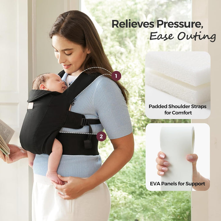 Newborn Carrier Weesnug- Lightweight and Cozy Comfort for 7-25 Lbs, Ergonomic Cross-Back Support, Effortless to Put On, Hands-Free Baby Carrier with Lumbar Support, Black