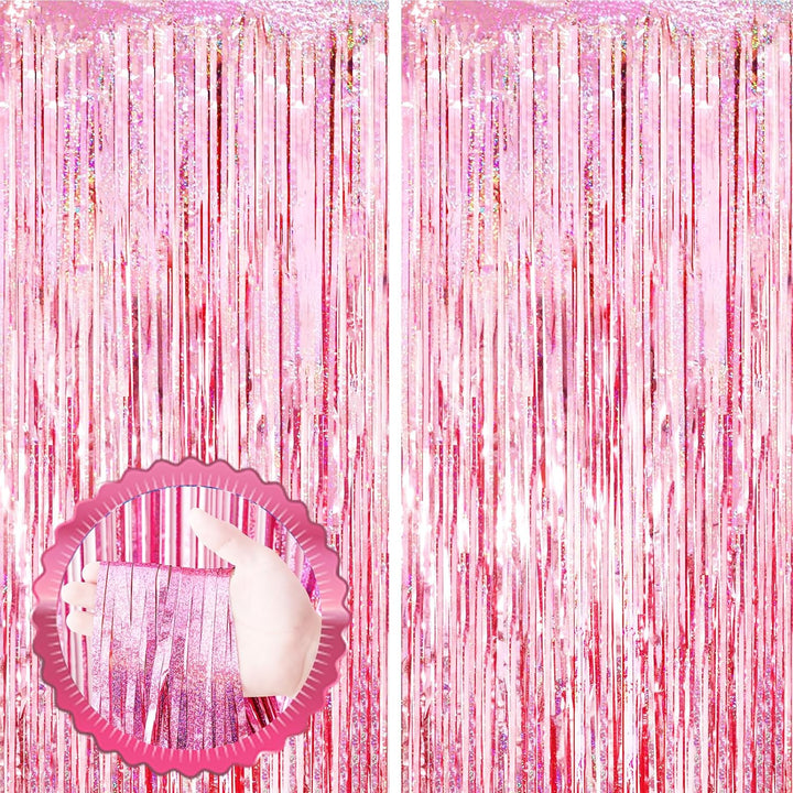 2 Pack Laser Pink Tinsel Foil Fringe Curtains, Mothers Day Pink Decorations, Metallic Tinsel Party Streamers Backdrop for Birthday Bachelorette Graduation Wedding Party Decorations