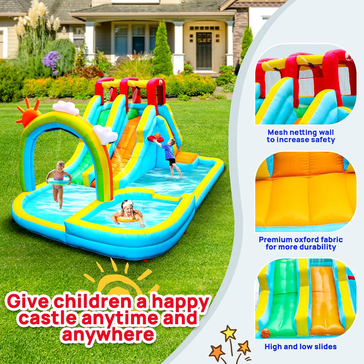 Inflatable Water Double Slides Park with Blower, Bouncy Castle with Rainbow Water Curtain, with Shooting and Rock Climbing