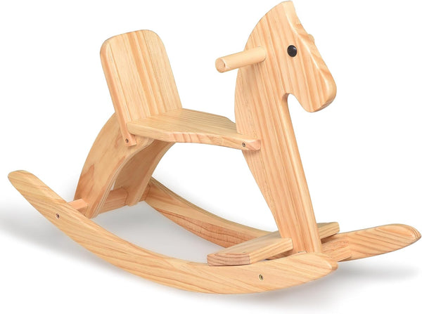 Rocking Horse Wooden Ride on Toy for Kids Classic Design Rocking Horse with Pedal and Safe Backrest Fine Workmanship(Classic, Natural)
