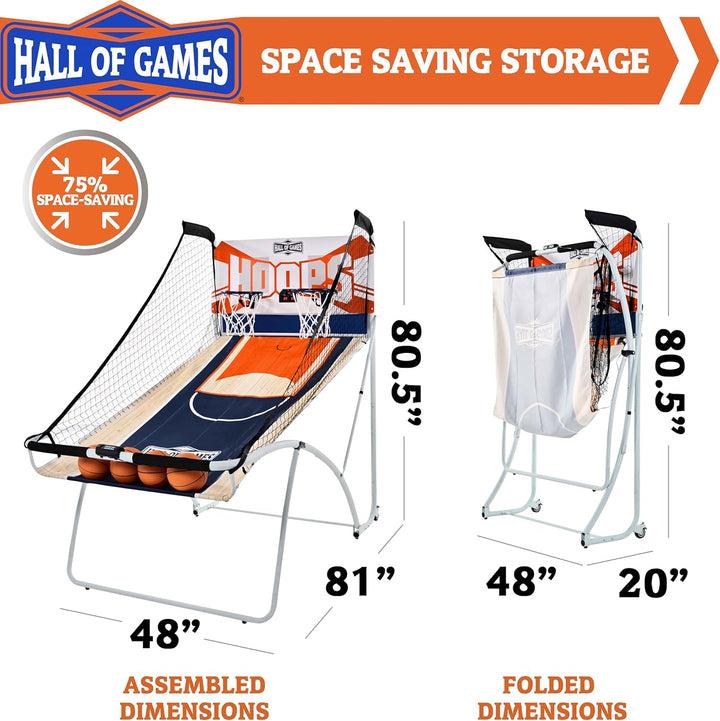 EZ Fold Premium Indoor Arcade Basketball Game with Steel Frame and Polycarbonate Backboard, Dual Shot Electronic Scoring with 6 Size 3 Balls Included, Perfect for Basement Game Rooms