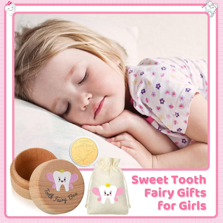 3 Pcs Tooth Fairy Gifts for Girls and Boys Tooth Fairy Box Coin Unicorn Bag with Gold Foil Reward Coins Wood Baby Keepsake Box for Lost Teeth Kids Birthday Gift