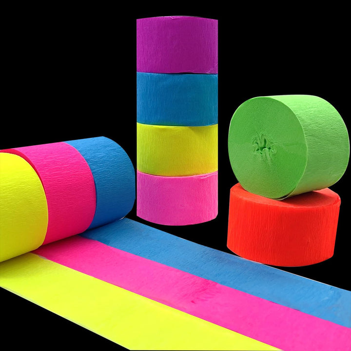 600 Feet Glow Crepe Paper Streamers UV Glow Party Neon Streamer Decorations Glow in the Dark Black Light Reactive Fluorescent Neon Paper Party Streamers Wedding Birthday Blacklight Party Supplies