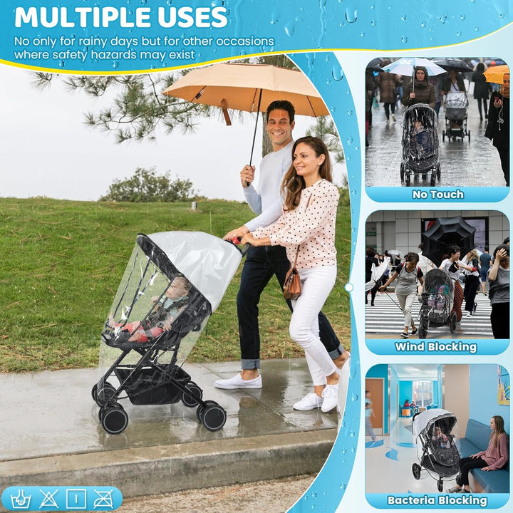 Universal Clear Stroller Rain Cover, No-Zip Waterproof Stroller Cover - Food Grade EVA & Frosted PVC, Baby Travel Weather Shield, Breathable Rain Cover for Most Single Strollers, Black
