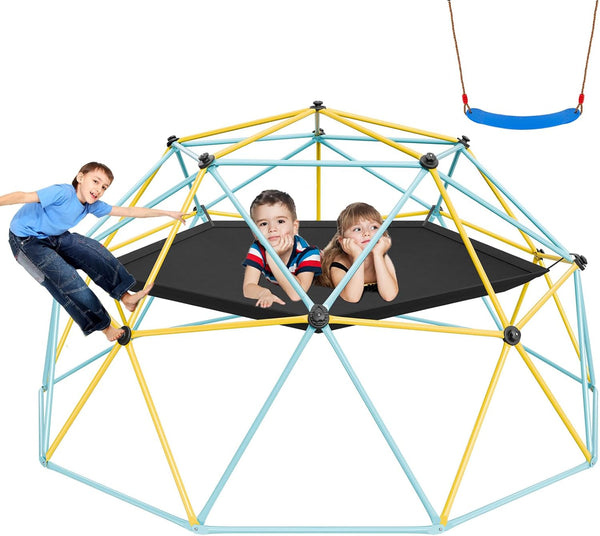 Climbing Dome, 10FT Geometric Dome Climber with Hammock and Swing, Jungle Gym Supports 750LBS and Easy Assembly for Kids 3 to 10 Years Old, with Climbing Grip, Outdoor Backyard Play Equipment