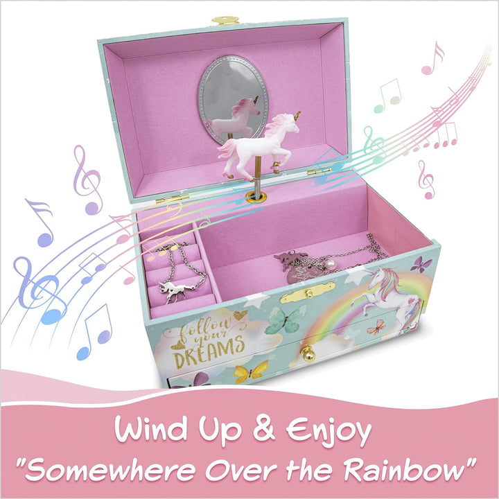 Unicorn Musical Jewelry Box, Classic Melody Storage Organizer Kids Ages 6-12, Wood Construction W/ 2 Compartments