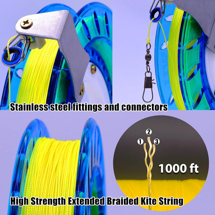 Kite Reel and String Spool, 8Inches Dia with 1000Ft Kite Line, Winder with Lock and Connector for Kids & Adults (Blue)