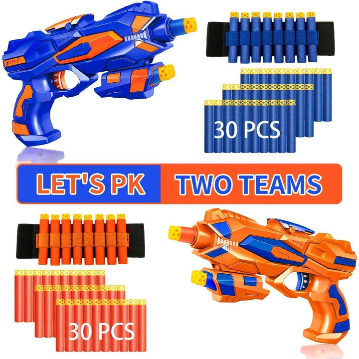 2 Pack Blaster Guns Boys Toy-With 60 Soft Foam Darts Bullets& 2 Wrist Bands- Easter Basket Stuffers Hand Gun Toys Party Supplies for 3,4,5,6,7,8,9 Years Kids