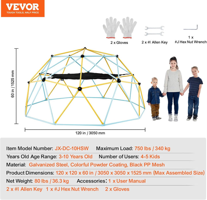 Climbing Dome, 10FT Geometric Dome Climber with Hammock and Swing, Jungle Gym Supports 750LBS and Easy Assembly for Kids 3 to 10 Years Old, with Climbing Grip, Outdoor Backyard Play Equipment