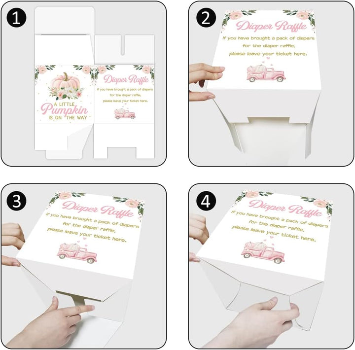 Diaper Raffle Card Box with 50 Pcs Pumpkin Diaper Raffle Tickets, Autumn Floral Pumpkin Diaper Raffle Card Box for Baby Shower Games Gender Reveal Party Invitation Insert Card Game (Pink)