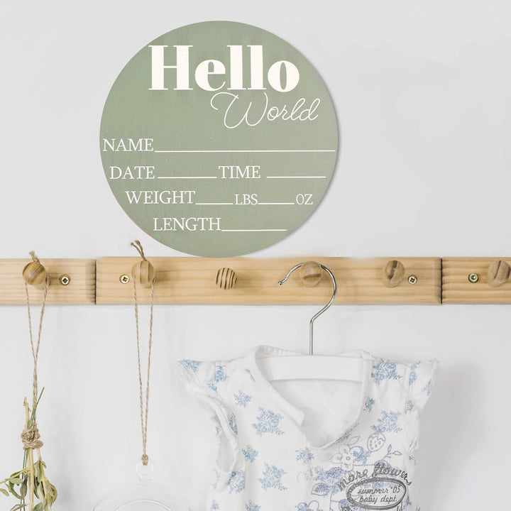 Wooden Baby Name Announcement Sign, 7.08" Birth Announcement Sign Hello World Newborn Photo Prop for Babies for Baby Shower Party Gift Keepsakes (Green)