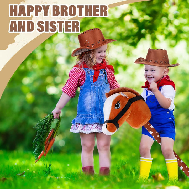 8 Pcs Light Brown Horse Stick with Sound Red Bandana Set 27.6'' Toys Stick Horse Western Cowboy Bandana Horse Head Stick with Neighing Sound for Boys Girls Fun Pretend Games Son Daughter