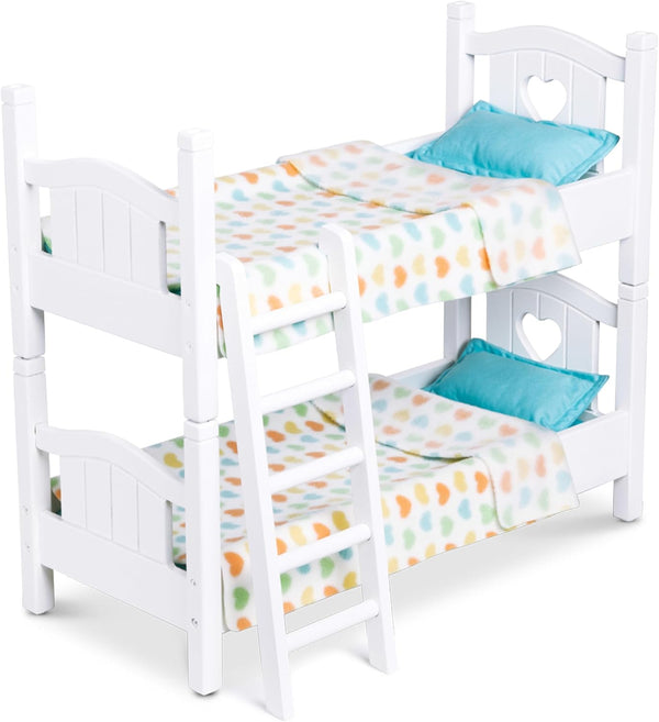 Mine to Love Wooden Play Bunk Bed for Dolls up to 18 Inches-Stuffed Animals - White (2 Beds, 17.4”H X 9.1”W X 20.7”L Assembled and Stacked)