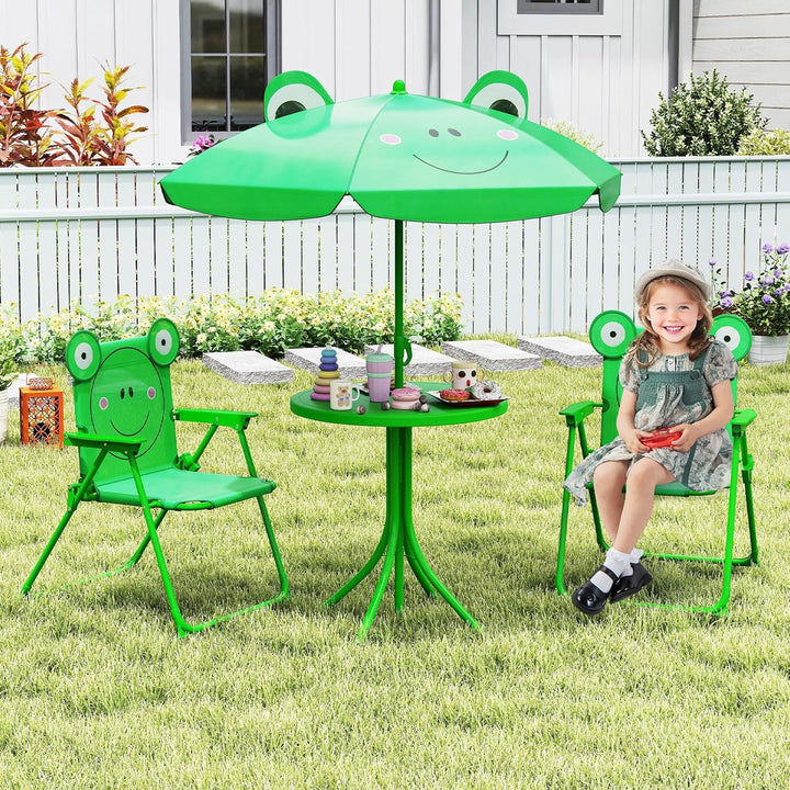 Kids Picnic Table, Kids Outdoor Table with 2 Folding Chairs, Height Adjustable Umbrella, Portable Children Outdoor Furniture for Patio, Garden, Backyard (Green)