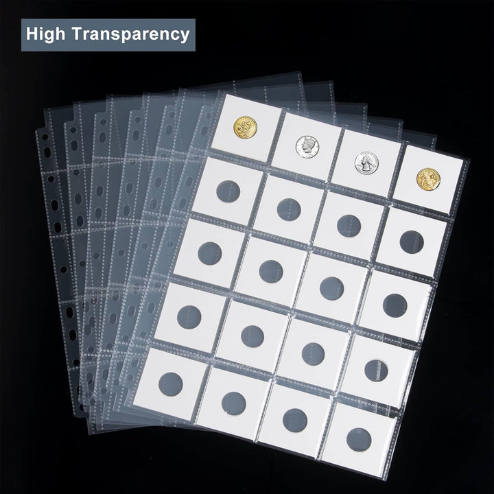 50Ct 20-Pocket Coin Pages - Coin Pocket Pages for 2 X 2 Inch Cardboard Coin Holders, 11 Holes for Coin Binder, Coin Collecting Album Protectors, Coin Collection Storage