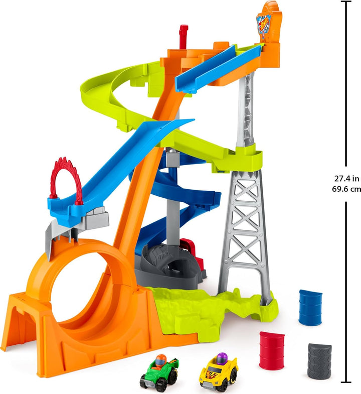 Little People Toddler Toy Hot Wheels Spiral Stunt Speedway Race Track Playset with 2 Cars for Pretend Play Kids Ages 18+ Months