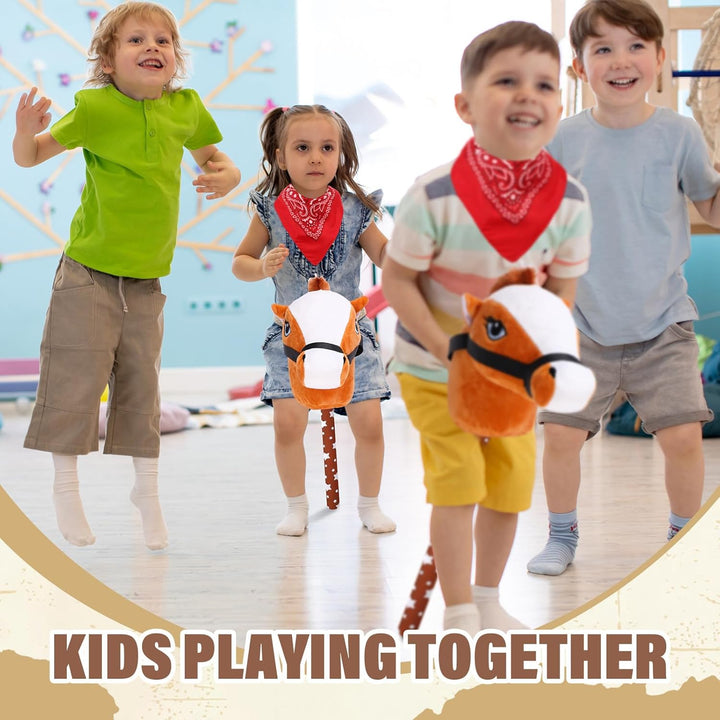 8 Pcs Light Brown Horse Stick with Sound Red Bandana Set 27.6'' Toys Stick Horse Western Cowboy Bandana Horse Head Stick with Neighing Sound for Boys Girls Fun Pretend Games Son Daughter