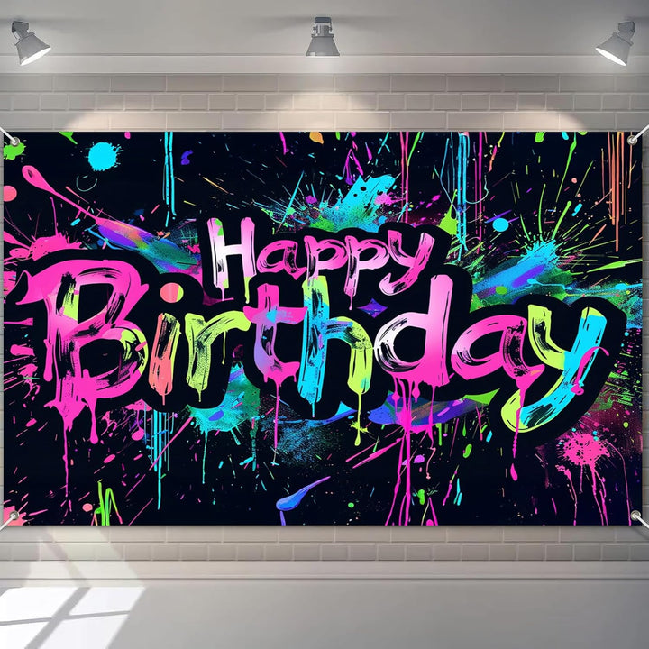 Neon Happy Birthday Banner - 71X43 Photography Backdrops, Party Background Decorations, Colorful Graffiti Splash Paint Kids Birthday Supplies, Glow in the Dark