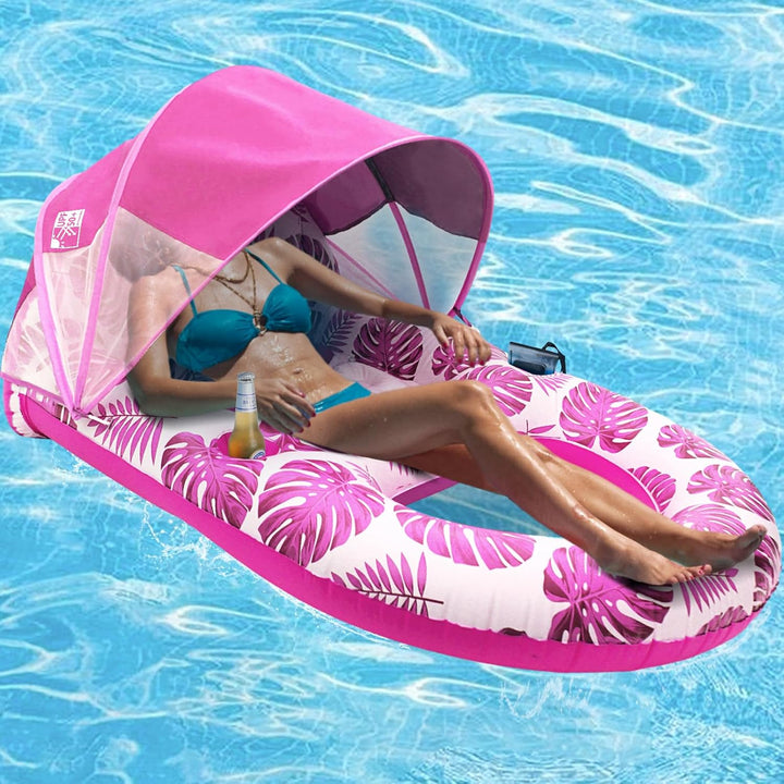 Pool Lounge Float with Canopy Upf50+,Extra Large Pool Floats for Adults Heavy Duty,Inflatable Lounger Float with Cup Holder & Backrest,Footrest