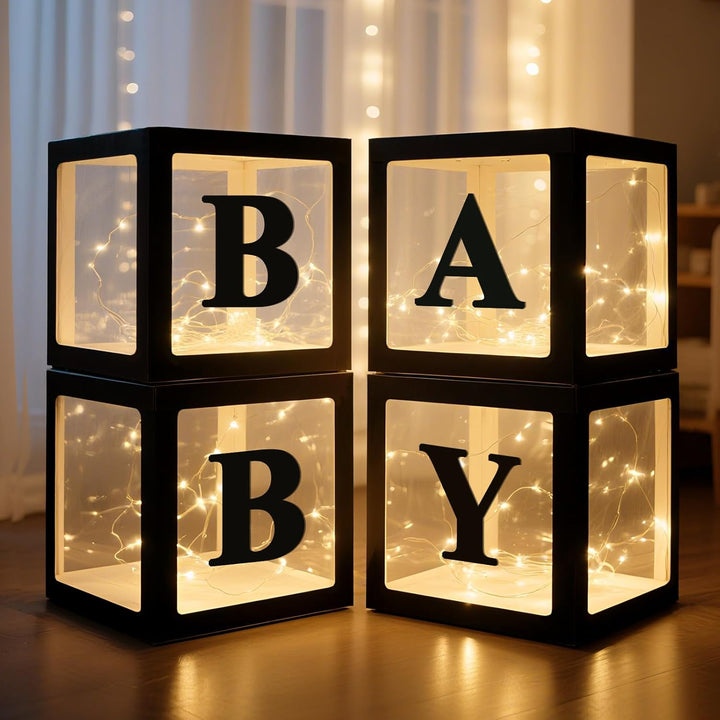 Baby Boxes with Letters for Baby Shower Decorations, 4 Pcs Clear Baby Balloon Boxes Blocks Decor with LED Fairy String Lights for Boy Girl Gender Reveal Decorations Backdrop Party (White)