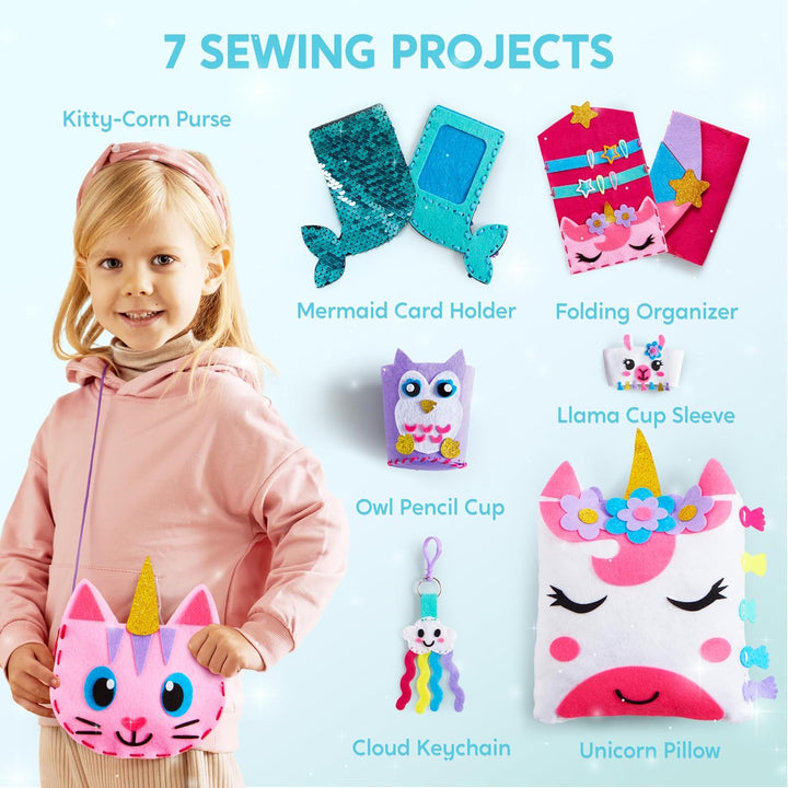 7 Sewing Projects- My First Kids Sewing Kit- Easy DIY Arts and Crafts for Girls, Craft Kits, Birthday Gifts for Kids Aged 6+, Unicorn and Mermaid Pillow