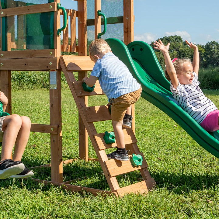 Buckley Hill Cedar Wood Swing Set with Wave Slide, Play Deck, Rock Wall Ladder, Belt Swings, Chalkboard, Canopy Roof, Outdoor Playset