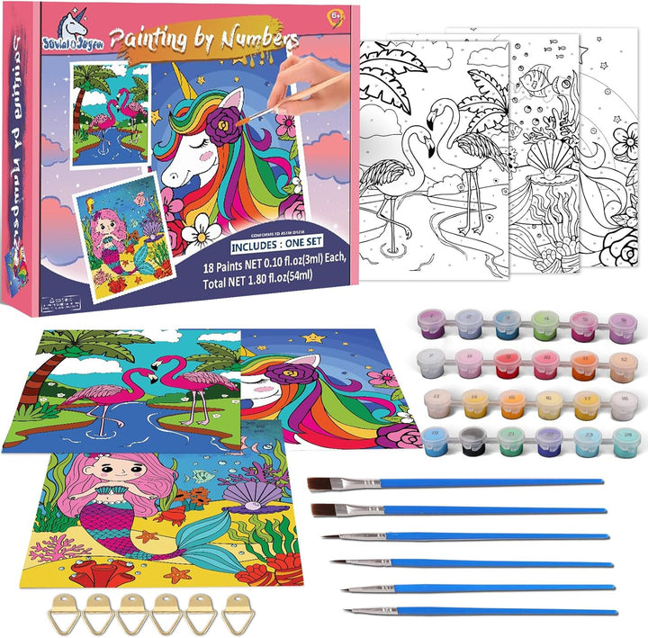 Paint-By-Numbers Kit - 3 Pack Framed Canvas, 24X3Ml Acrylic Paints, 6 Brushes, Predrawn Canvas, Art Set for Teens & Kids