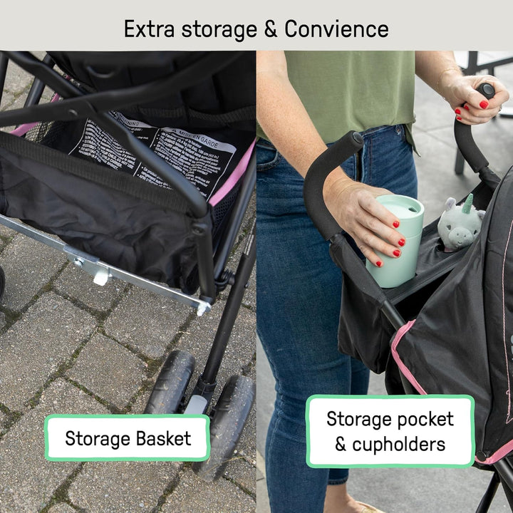 3D Mini Convenience Stroller – Lightweight Stroller with Compact Fold, Multi-Position Recline, Canopy with Pop Out Sun Visor and More – Umbrella Stroller for Travel, Pink