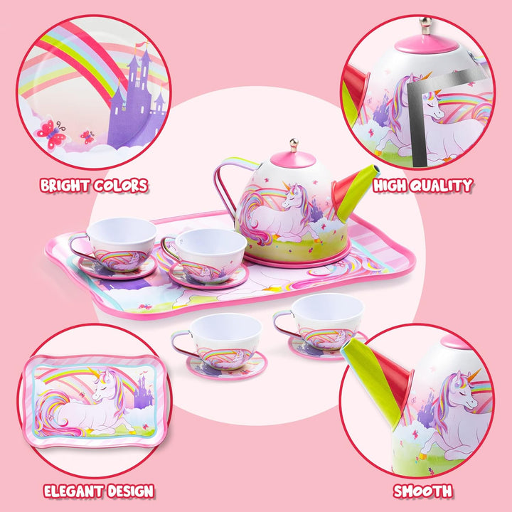 Unicorn Tea Set for Toddlers Tea Party Set for Children Kids Pretend Role Play Tin Teapot Set with Cups, Plates and Carrying Case Kitchen Toy for Little Girls Birthday Gifts Age 3 4 5 6