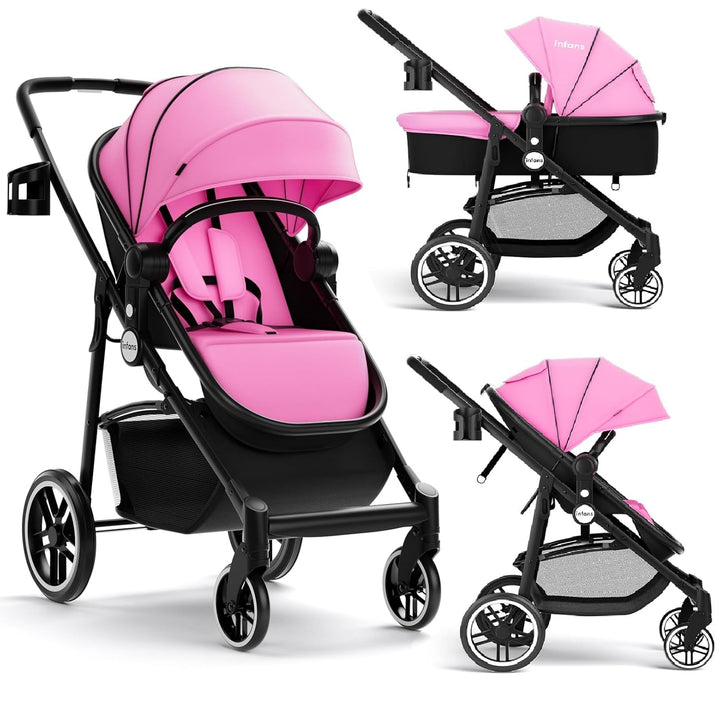 2 in 1 Baby Stroller, High Landscape Infant Stroller & Reversible Bassinet Pram, Foldable Pushchair with Adjustable Canopy, Cup Holder, Storage Basket, Suspension Wheels (Green)