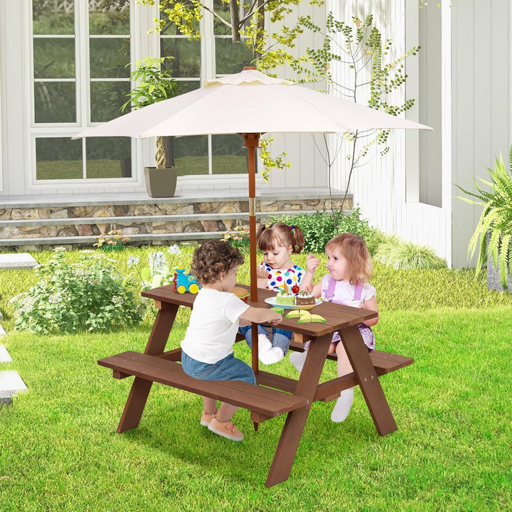 Kids Picnic Table, Outdoor Wooden Bench Set W/Removable Umbrella, Children Backyard Furniture for Patio Garden, Toddler Picnic Table for Outdoors, Gift for Boys Girls, Walnut