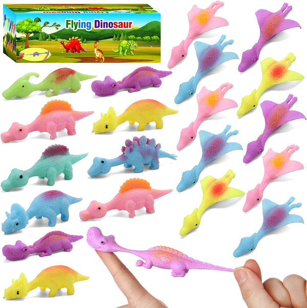 20 Pcs Slingshot Dinosaur Finger Toys, Party Favors for Kids Sticky Rubber Dino Flying Catapult Fidget Toys for Boys Girls Birthday Goodie Bag Easter Basket Stuffers Valentines Xmas Gifts
