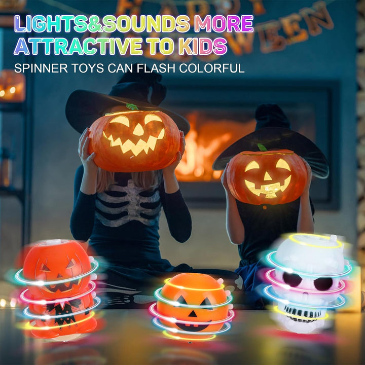 Halloween Basket Stuffers for Kids, 3PCS LED Pumpkin Skull Light up Spinning Tops Halloween Spinning Toys Gifts for Halloween Party Favors Goodie Bag Fillers Classroom Rewards