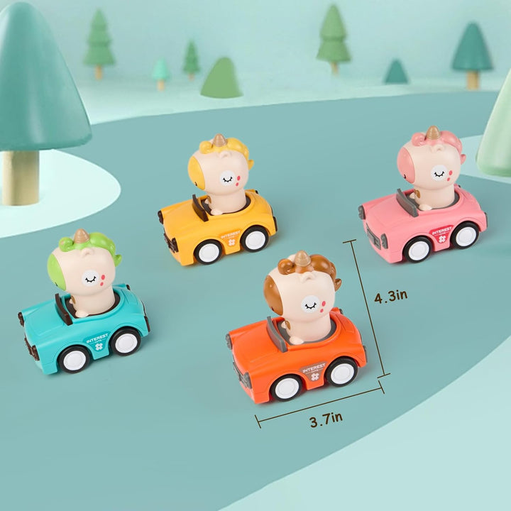 Wind up Press Cars, Four Unicorn Play Figure Racing Cars Set for Toddlers Baby Boys Girls,Animal Vehicle Toys, Press Then Go
