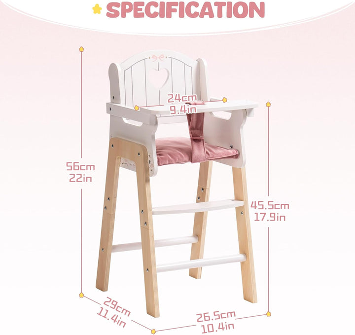 Wooden Baby Doll High Chair, Pink Wooden Baby Doll Chair for 18 Inch Dolls, Pretend Play High Chair Baby Doll Accessories, Small