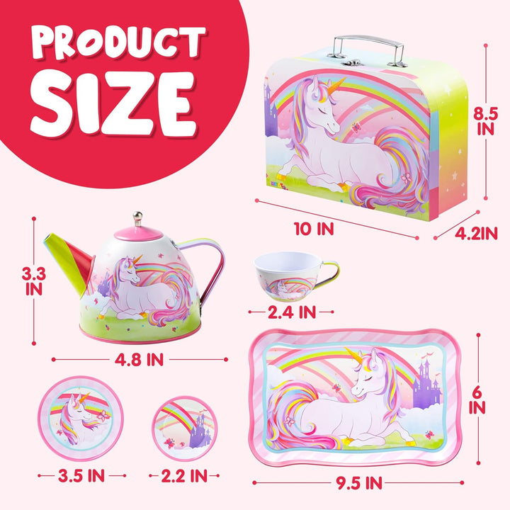 Unicorn Tea Set for Toddlers Tea Party Set for Children Kids Pretend Role Play Tin Teapot Set with Cups, Plates and Carrying Case Kitchen Toy for Little Girls Birthday Gifts Age 3 4 5 6