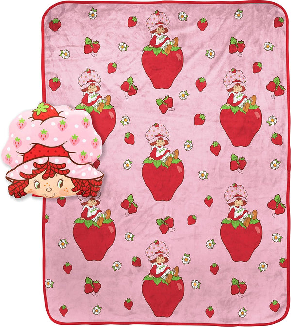 Pink Strawberries Galore Nogginz Set - 40 X 50 Inch Blanket & Pillow, Kids Super Soft 2 Piece Set
