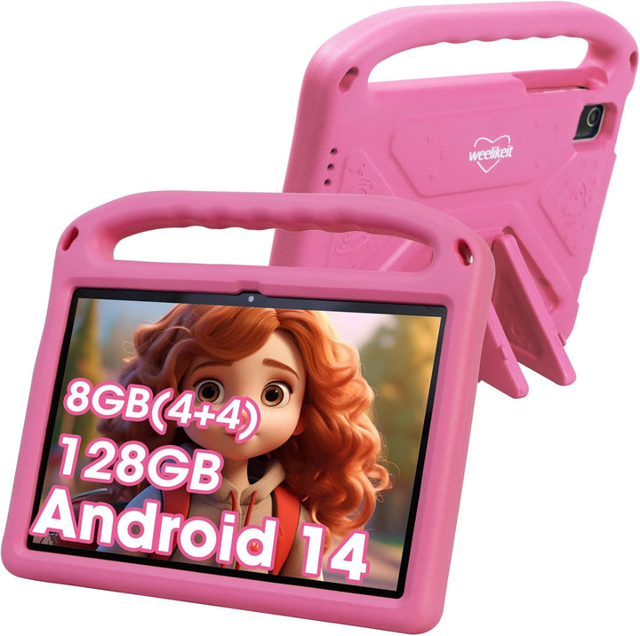 2025 Upgraded Kids Tablet, 10 Inch Android 14 Tablet for Kids, 8GB (4+4) RAM + 128GB Storage, 6000Mah Long Battery, Dual Cameras, Great Tablet for Toddlers, Case Included (Pink)