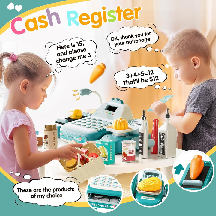 49PCS Pretend Play Cash Register Toy Set for Kids with Real Calculator,Scanner,Microphone,Conveyor Belt,Weighing Tool,Cashier Playset Realistic Gift for Toddler Kid Ages 3 4 5 6 7 8 (Green)