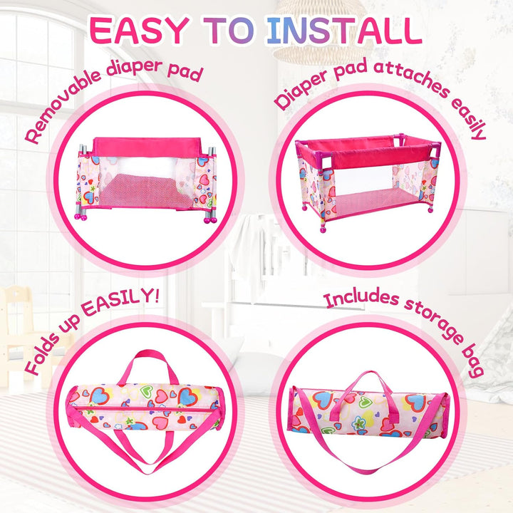 Baby Doll Crib with Storage Bag,Foldable Playpen Baby Doll Bed for 17-21" Reborn Dolls, Reborn Babies Dolls Accessories for Girls Age 3+,Pack N Play Toy Gift for Kids,Pink