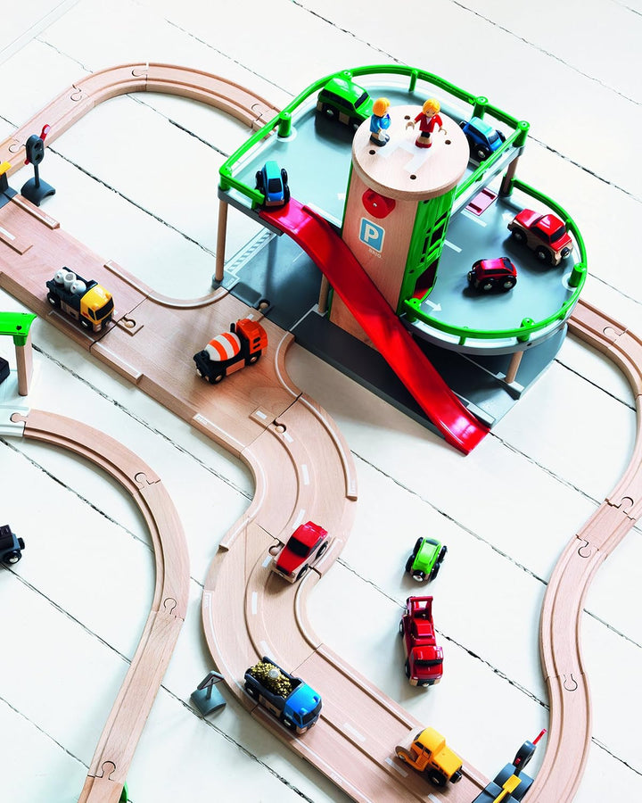 World Parking Garage - 7-Piece Wooden Toy Garage with 2 Cars, 1 Transporter Wagon, and Wooden Ramp Tracks - Works with All  Train Sets - Fsc-Certified - Sparks Creativity & Fun - Ages 3 & Up