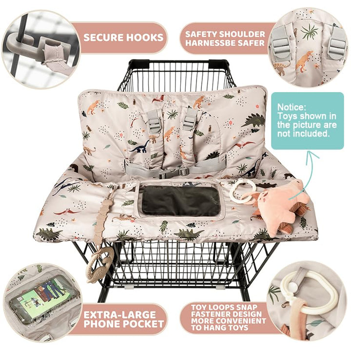 Shopping Cart Cover for Baby 2 in 1 High Chair Covers for Restaurant Comfortable Grocery Cart Seat Covers for Infant, Toddler Universal Suitable for Most Shopping Carts Machine Washable, Dinosaur