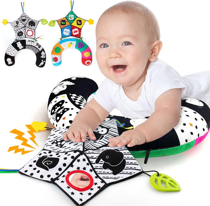 Tummy Time Pillow with Crinkle Mat & Teethers, Black and White High Contrast Baby Toys with Mirror, Montessori Sensory Crawling Toy for Infant Newborn Toddler Tummy Time Toys 0-6 Months Babies