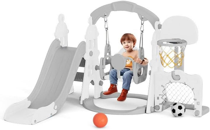 4-In-1 Kids Slide and Swing Set, Toddler Slide with Basketball Hoop, Swing, Outdoor Indoor Playground for Toddlers 1-3 (4 in 1-Pink)